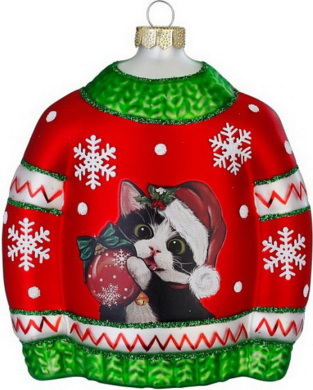 Елочная игрушка Inge's Christmas Figural Glass Ornaments Новогодний свитер с котом / 65028H120_1 - фото