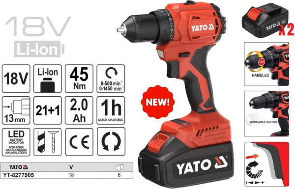 Аккумуляторный шуруповерт Yato YT-8277905