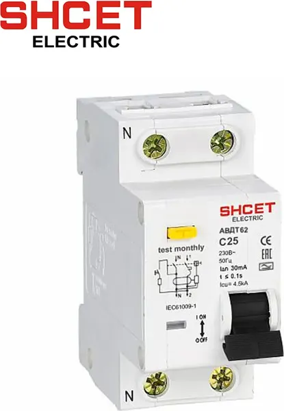 Дифференциальный автомат SHCET АВДТ62 1Р+N 63А 30мА (4.5кА) тип А / S0003298 - фото