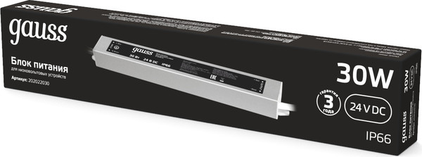 Блок питания для светодиодной ленты Gauss 30W 24V IP67 / 202022030