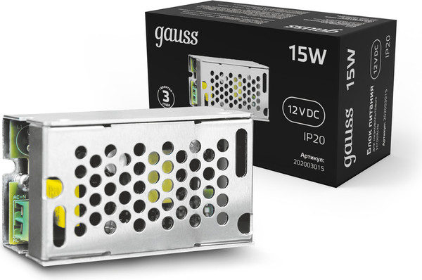Блок питания для светодиодной ленты Gauss 15W 12V IP20 / 202003015
