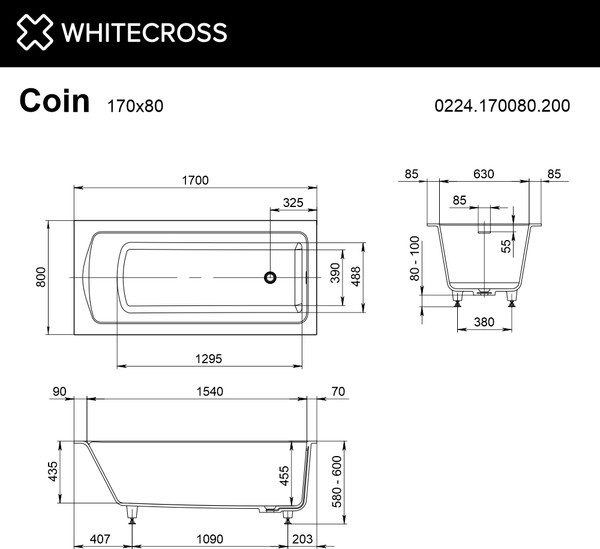 Ванна из искусственного камня Whitecross Coin 170x80 / 0224.170080.200