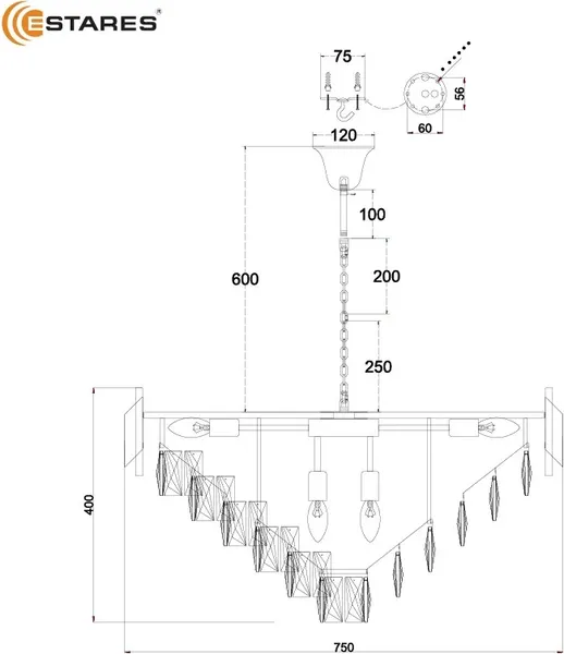 Люстра Estares Sandra 12хЕ14-750х1000-BKGD/CRYSTAL-220-IP20