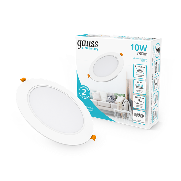 Точечный светильник Gauss Elementary Downlight 10W 780lm 4000K IP20 120x26 / 997420209