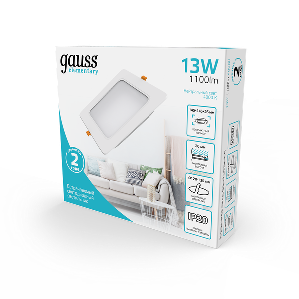 Точечный светильник Gauss Elementary Downlight 13W 1100lm 4000K IP20 145x26 / 998420212