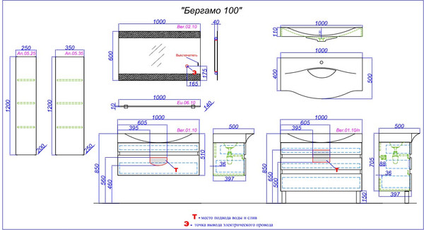Тумба с умывальником Aqwella Бергамо Ber.01.10/A + Bergamo 1000