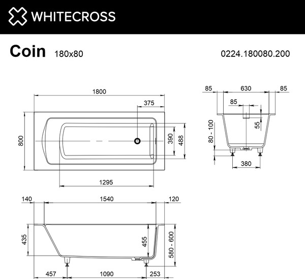 Ванна из искусственного камня Whitecross Coin 180x80 / 0224.180080.200