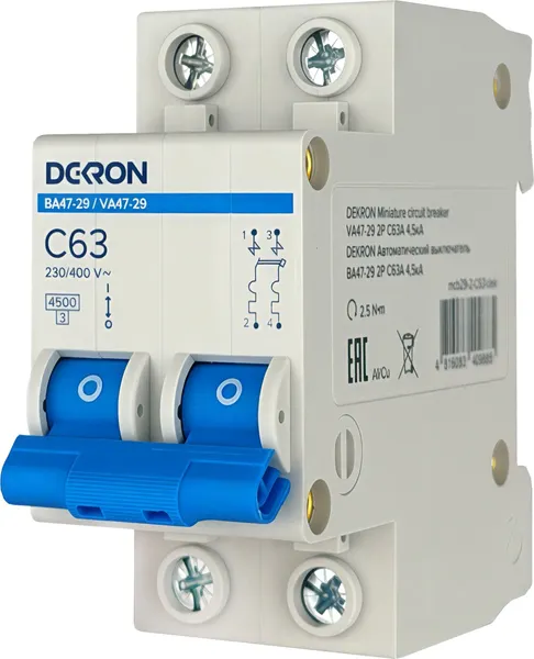 Выключатель автоматический DEKRON ВА47-29 2P С63A 4.5кА / mcb29-2-C63-dek
