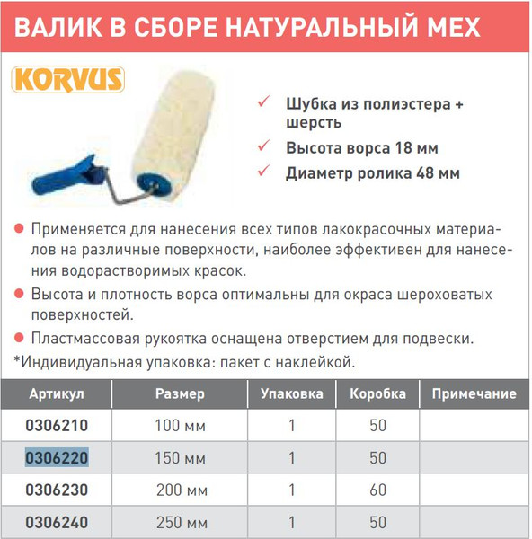 Валик малярный Korvus 150мм под ручку 6мм