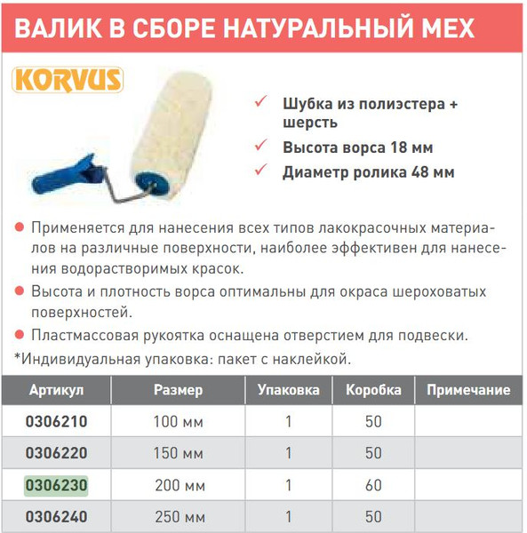 Валик малярный Korvus 200мм под ручку 6мм