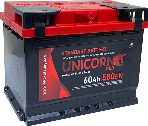 Автомобильный аккумулятор UnicorN Red 60 Ah (0) 580A L2 6СТ-60 / 060 121 К11 UR - фото