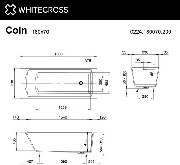 Ванна из искусственного камня Whitecross Coin 180x70 / 0224.180070.200