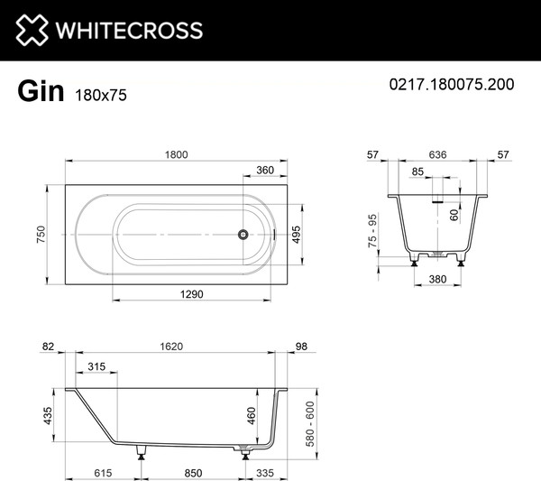 Ванна из искусственного камня Whitecross Gin 180x75 / 0217.180075.200
