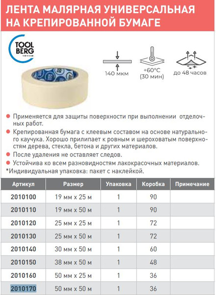 Лента малярная Toolberg Креп 50мм / 2010170