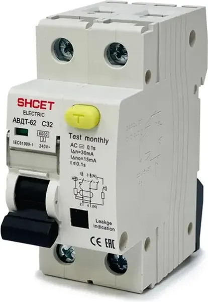 Дифференциальный автомат SHCET АВДТ62 1Р+N 63А 30мА 6кА тип АС / S0003314 - фото