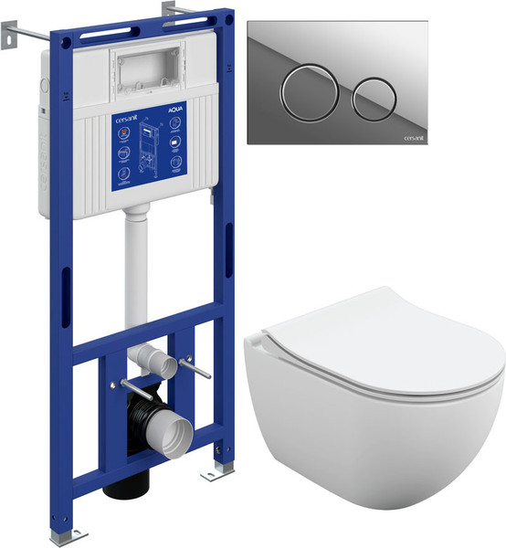 Унитаз подвесной с инсталляцией Cersanit Brasko Slim 64824 + Aqua Prime М 50 68179 с кнопкой Twins 63523 - фото