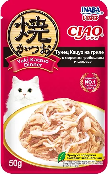 Влажный корм для кошек Inaba Тунец Кацуо на гриле с морским гребешком и ширасу - фото