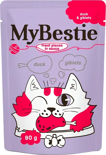 Влажный корм для кошек MyBestie Мясные Кусочки Утка в соусе с Потрошками / 161521387/CAT - фото
