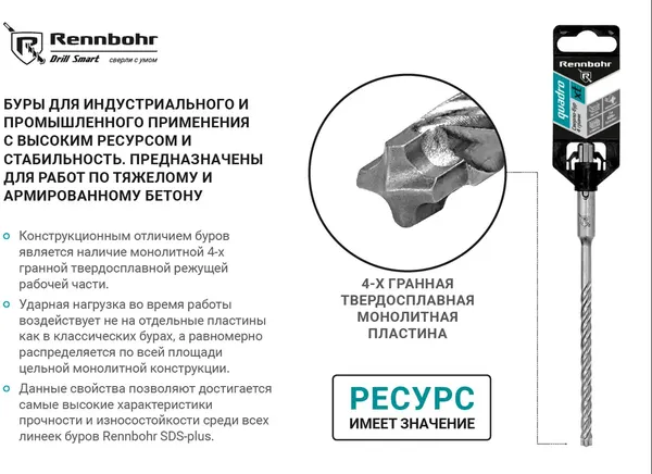 Бур Rennbohr SDS+ Quadro XT 12x260мм / 521226