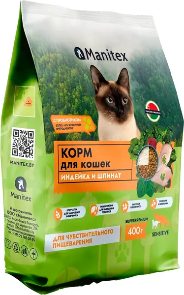 Сухой корм для кошек Manitex Sensitive Для взрослых c чувс. пищ. индейка/шпинат/пробиотик - фото