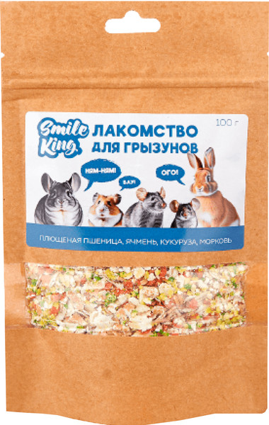 Лакомство для грызунов Smile King Плющеная пшеница, ячмень, кукуруза, морковь / LKG-73 - фото