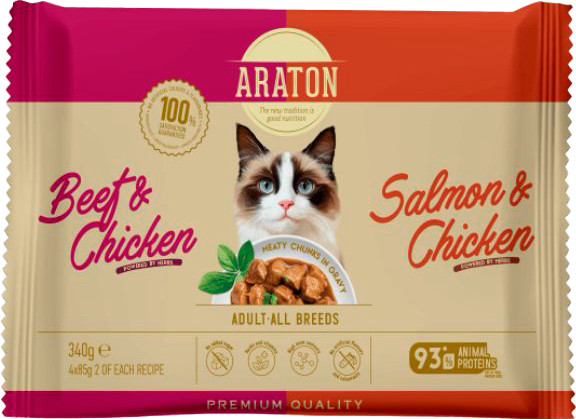 Влажный корм для кошек Araton Кусочки в соусе Говядина/курица+лосось/курица - фото