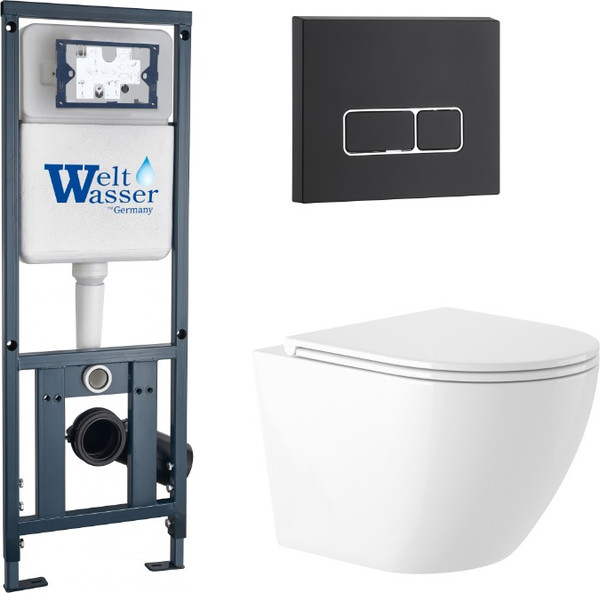 Унитаз подвесной с инсталляцией Saniteco KW-9003W Rimles + WeltWasser Marberg 410 + Marberg 410 SE MT-BL - фото