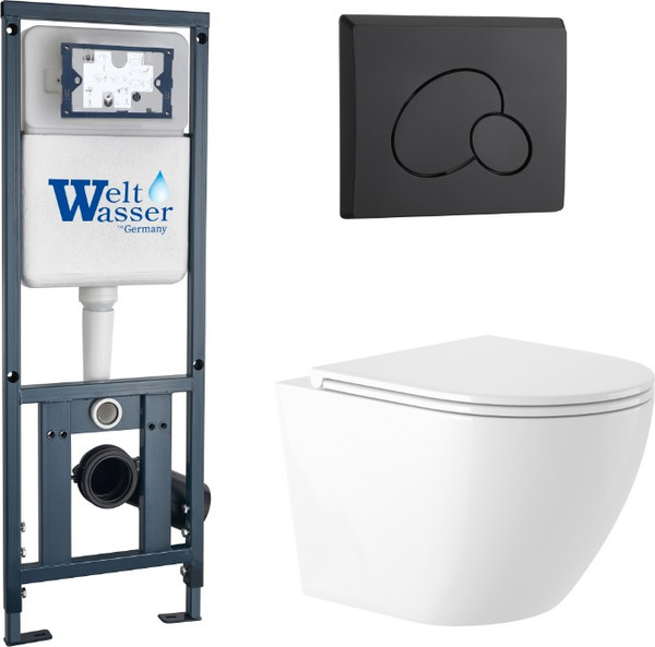 Унитаз подвесной с инсталляцией Saniteco KW-9003W Rimles + WeltWasser Marberg 410 + Marberg 410 RD MT-BL - фото