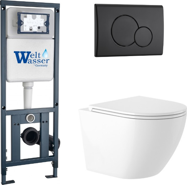 Унитаз подвесной с инсталляцией Saniteco KW-9003W Rimles + WeltWasser Marberg 410 + Marberg 507 RD MT-BL - фото