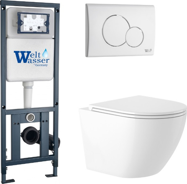 Унитаз подвесной с инсталляцией Saniteco KW-9003W Rimles + WeltWasser Marberg 410 + Marberg 507 RD GL-WT - фото