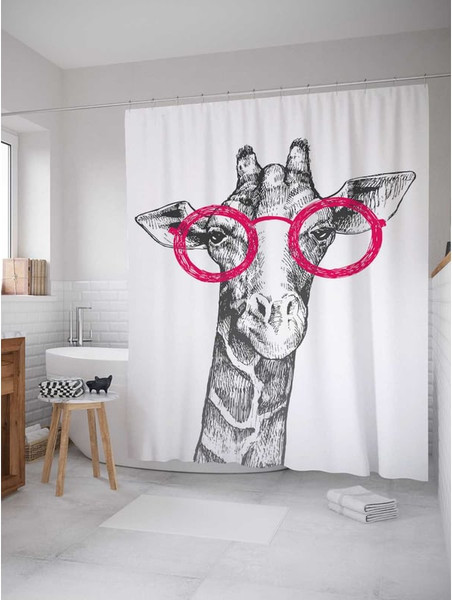Шторка-занавеска для ванны JoyArty Жираф в очках / sc_18497 - фото