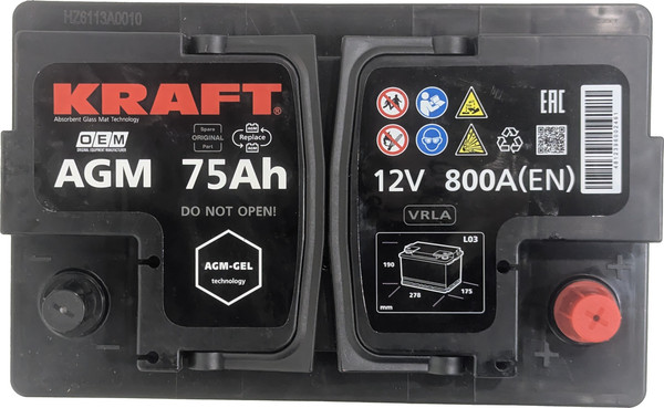 Автомобильный аккумулятор KrafT AGM R+ 800A / AGM-L3