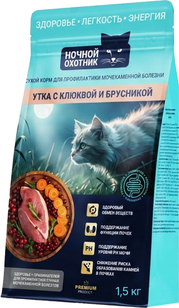 Сухой корм для кошек Ночной охотник Для профилактики МКБ. Утка с клюквой и брусникой - фото