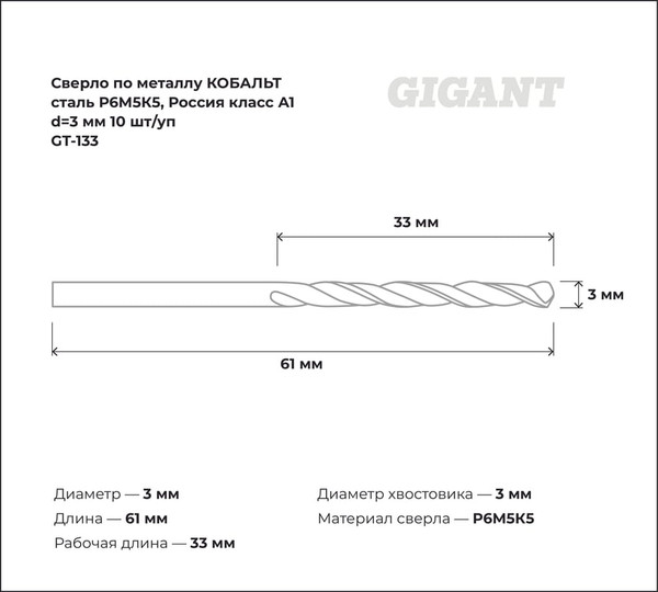 Набор сверл Gigant По металлу GT-133
