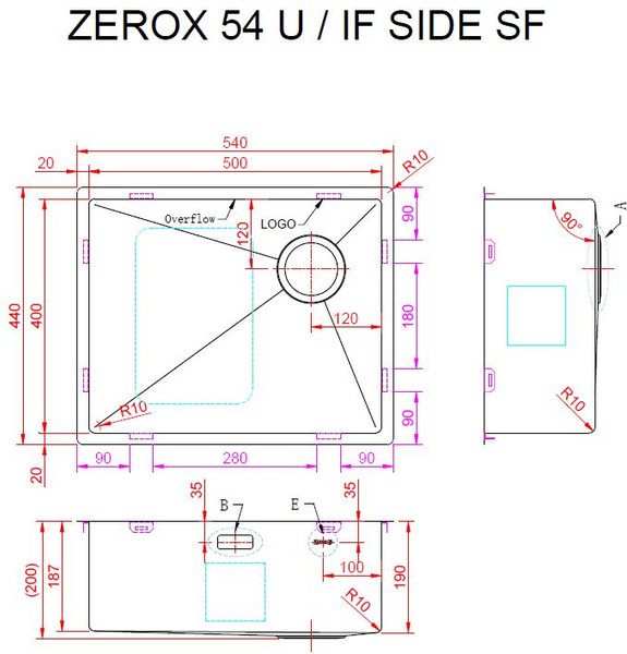 Мойка кухонная ZORG Zerox 54 U / IF Side SF Steel
