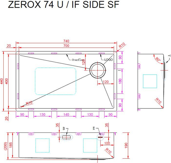 Мойка кухонная ZORG Zerox 74 U / IF Side SF Steel