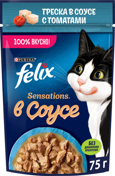 Влажный корм для кошек Felix Sensations Sauce Surprise с треской и томатом в соусе - фото