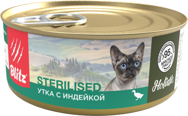 Влажный корм для кошек Blitz Pets Holistic Утка с индейкой Мясной паштет / 4127