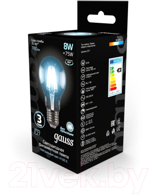 Лампа Gauss Filament E27 8W 4100K / 102802208