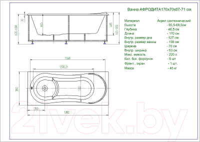 Ванна акриловая Aquatek Афродита 170x70 R (с экраном)