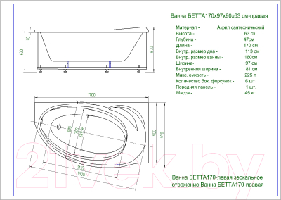 Ванна акриловая Aquatek Бетта 170x97 R (с экраном)