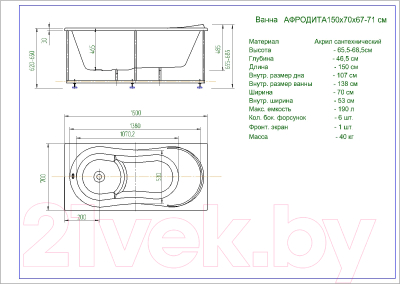 Ванна акриловая Aquatek Афродита 150x70 L (с экраном)