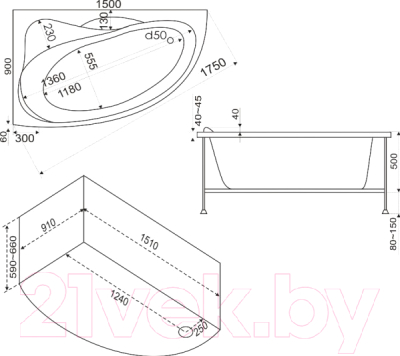 Ванна акриловая BAS Вектра 150x90 R