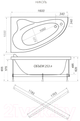 Ванна акриловая Triton Николь 160x100 L Базовая (с гидромассажем)