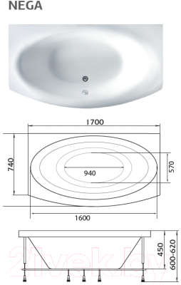 Ванна акриловая 1Марка Nega 170x95