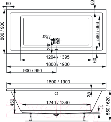 Ванна акриловая VagnerPlast Cavallo 190x90 / VPBA190CAV2X-04