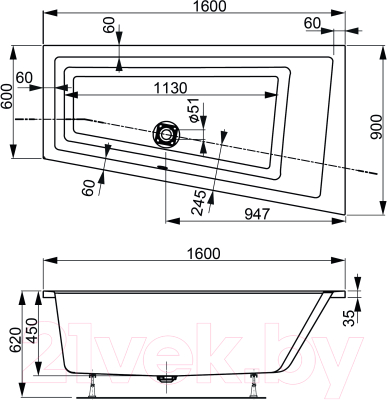 Ванна акриловая VagnerPlast Cavallo 160x90 R / VPBA169CAV3PX-04