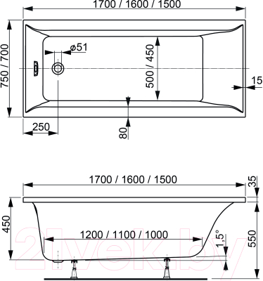 Ванна акриловая VagnerPlast Veronela 150x70 / VPBA157VEA2X-04