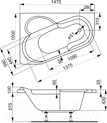 Ванна акриловая VagnerPlast Selena 147x100 R / VPBA141SEL3PE-04