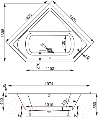 Ванна акриловая VagnerPlast Cavallo 140x140 / VPBA140CAV3X-04